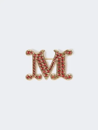 Broszka z monogramem ozdobiona kryształkami, czerwona Broszka z monogramem ozdobiona kryształkami, czerwona