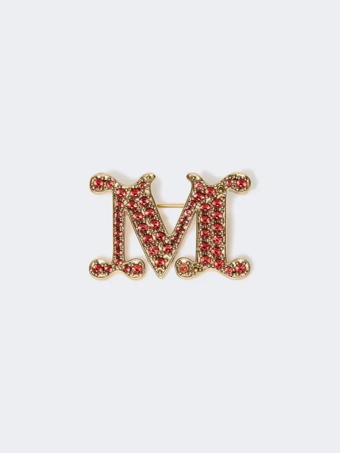 Broszka z monogramem ozdobiona kryształkami, czerwona Broszka z monogramem ozdobiona kryształkami, czerwona