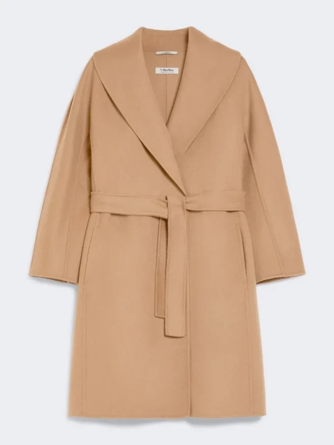 Dwustronny wełniany płaszcz typu robe, kolor camel