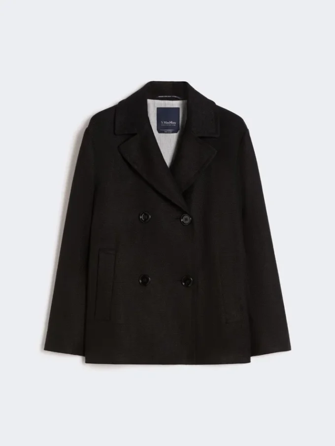 Płaszcz typu pea coat z bawełny i lnu o splocie koszykowym, czarny Płaszcz typu pea coat z bawełny i lnu o splocie koszykowym, czarny