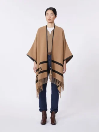 Ponczo z wełny żakardowej, kolor camel