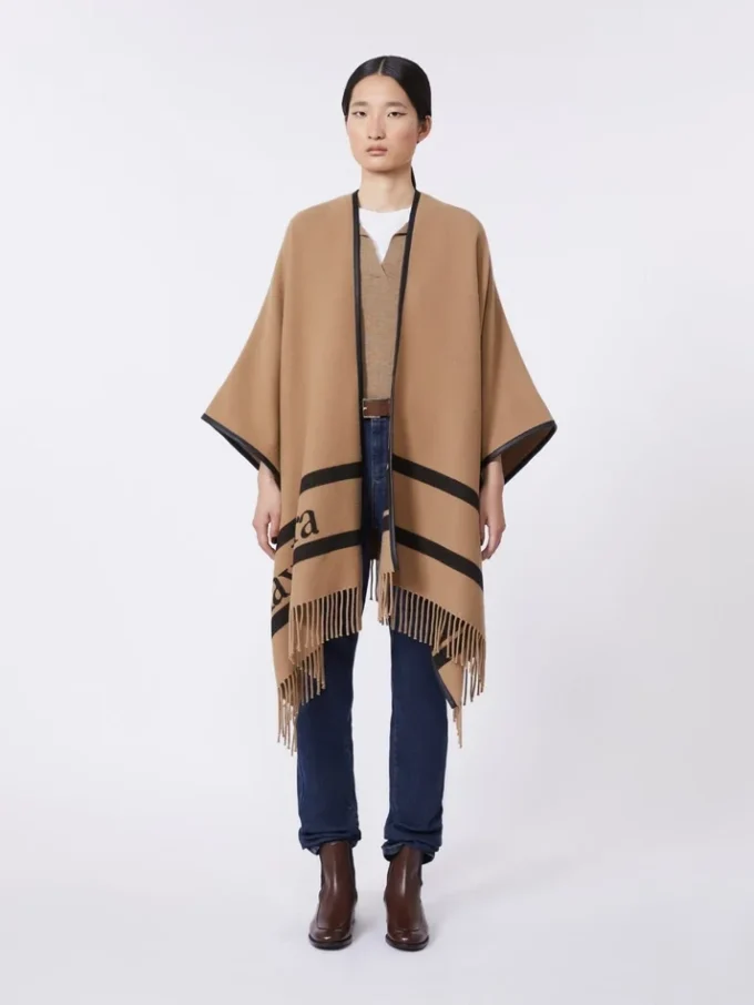 Ponczo z wełny żakardowej, kolor camel Ponczo z wełny żakardowej, kolor camel