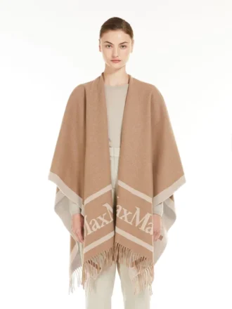 Ponczo z wełny żakardowej, kolor camel