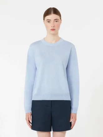 Sweter z dzianiny lnianej z okrągłym dekoltem, w kolorze błękitnym