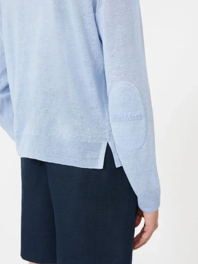 Sweter z dzianiny lnianej z okrągłym dekoltem, w kolorze błękitnym