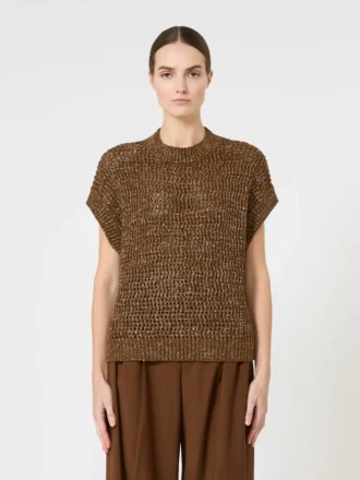 Sweter z dzianiny siateczkowej z cekinami, kolor orzechowy