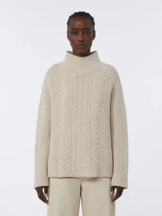 Sweter z golfem z dzianiny typu cable knit z wełny i kaszmiru, biały Sweter z golfem z dzianiny typu cable knit z wełny i kaszmiru, biały