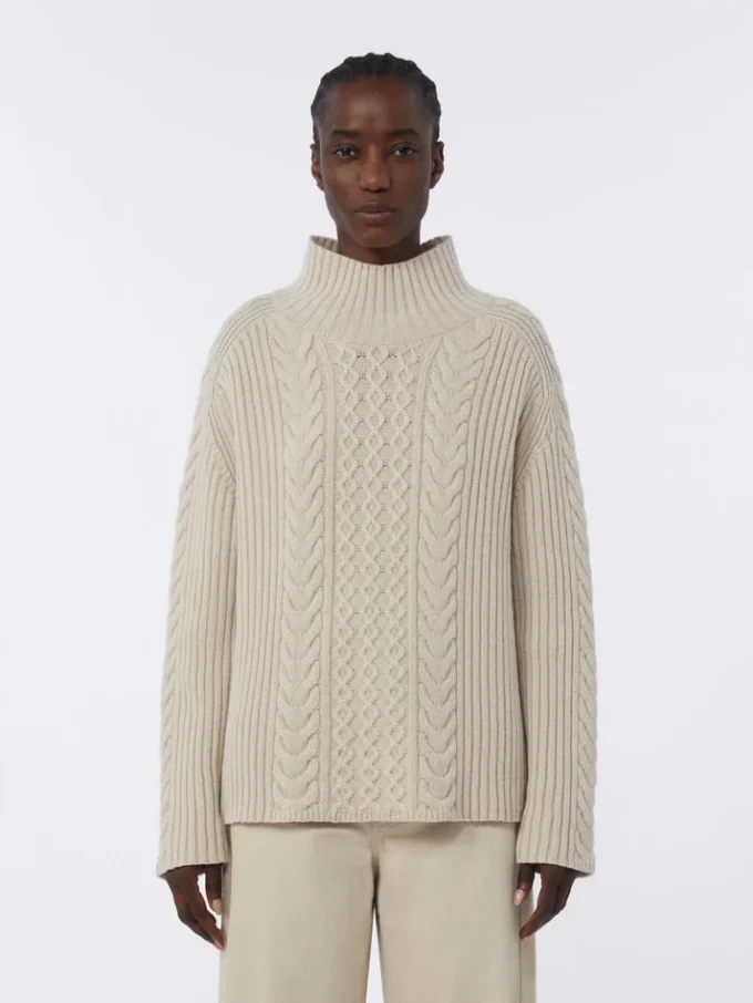 Sweter z golfem z dzianiny typu cable knit z wełny i kaszmiru, biały
