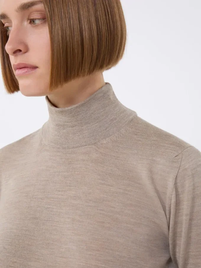 Sweter z golfem z wełny o splocie dżersejowym, brązowy Sweter z golfem z wełny o splocie dżersejowym, brązowy