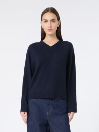 Sweter z kaszmiru z dekoltem w serek, granatowy