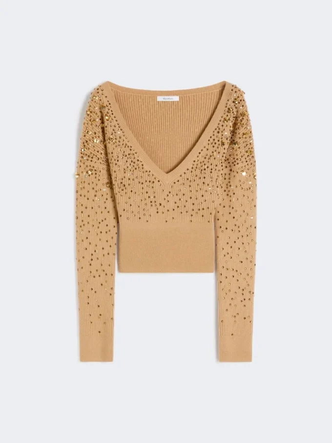 Sweter z wełny i kaszmiru z dekoltem w serek, kolor camel Sweter z wełny i kaszmiru z dekoltem w serek, kolor camel