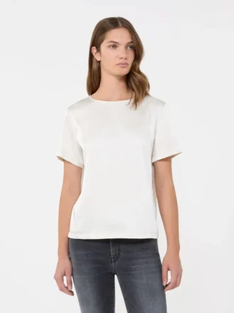 T-shirt z satyny i dżerseju, kolor ecru