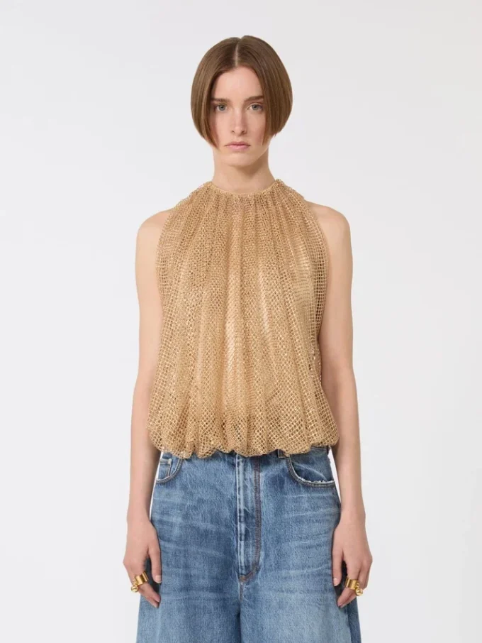 Top z siateczki z kryształkami, kolor camel Top z siateczki z kryształkami, kolor camel