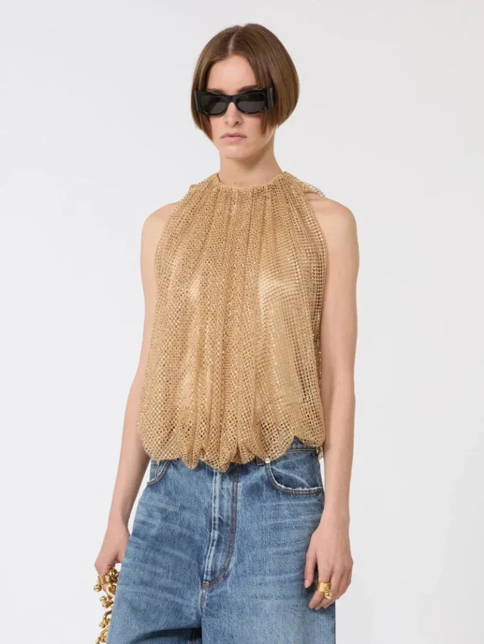 Top z siateczki z kryształkami, kolor camel Top z siateczki z kryształkami, kolor camel